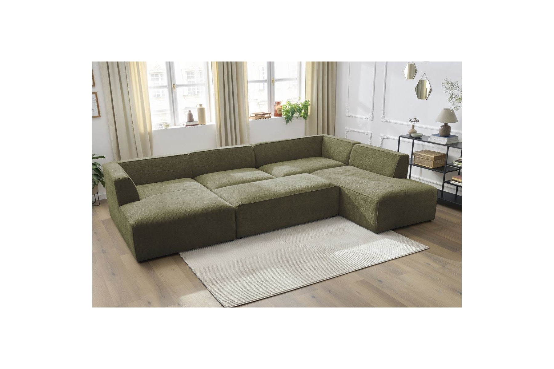 Fixed Panoramic Sofa - Megeve - With Pouffe - Textured Fabric - Left Corner