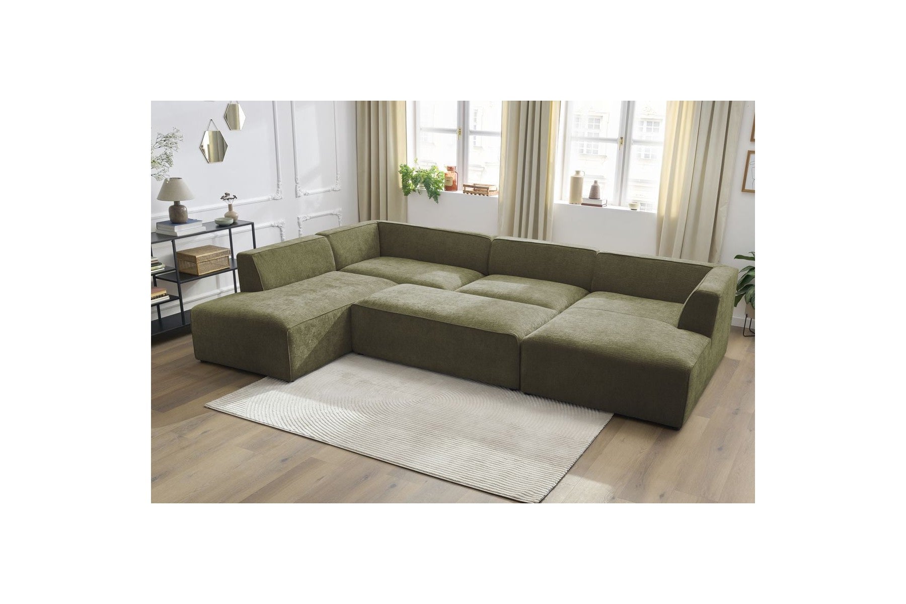 Fixed Panoramic Sofa - Megeve - With Pouffe - Textured Fabric - Right-Hand Corner