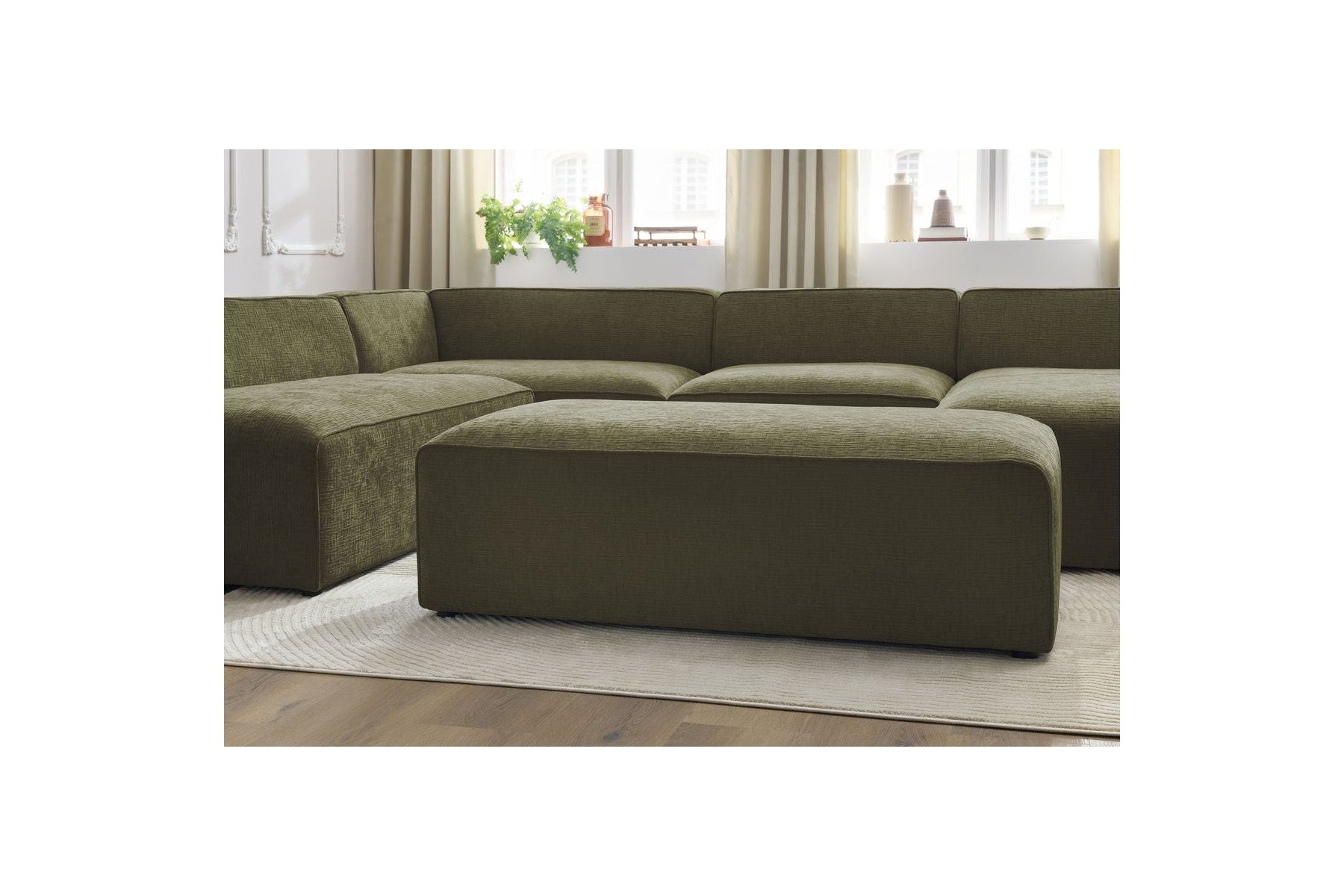 Fixed Panoramic Sofa - Megeve - With Pouffe - Textured Fabric - Right-Hand Corner