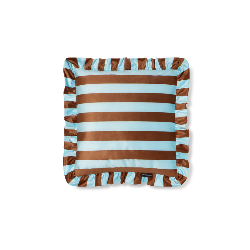 Coussin À Volants En Velours - Marron Et Bleu