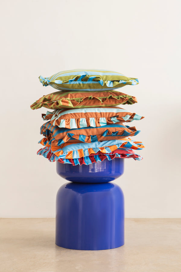 Ruffled Velvet Cushion - Orange and Blue