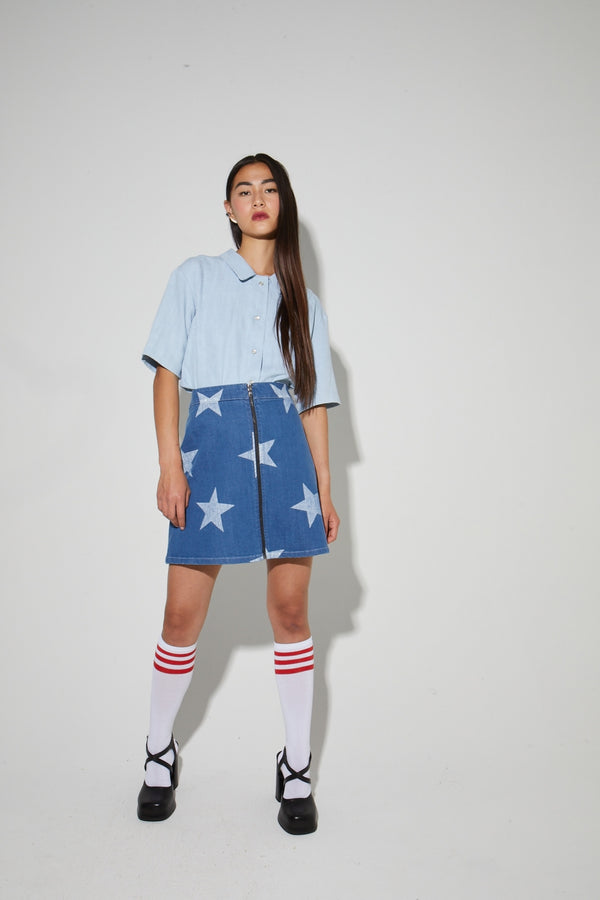 Stella Mini Skirt, Blue Star Print Denim Spirit Made In Italy