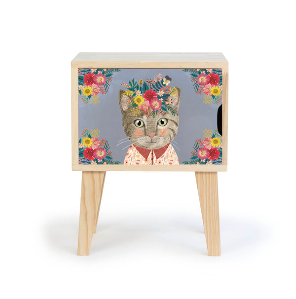 Mesita de noche Montessori - Natural "Floral Cat"