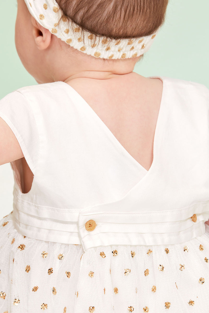 Two-Fabric Dress - Ecru and Gold - Baby Girl