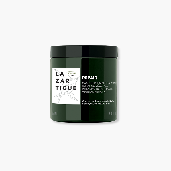 Lazartigue – Masque Repair (Intensiv reparierende Maske), dunkelgrüner Tiegel mit Haarmaske und weißem Etikett