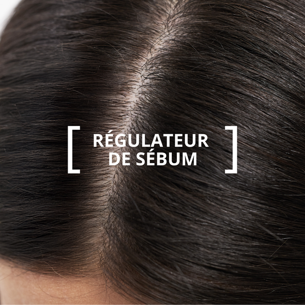 Lazartigue – Rebalance Shampoo (Ausgleichendes Shampoo für Ansatz & Spitzen), Nahaufnahme von dunklem Haar mit weißem Text in der Mitte