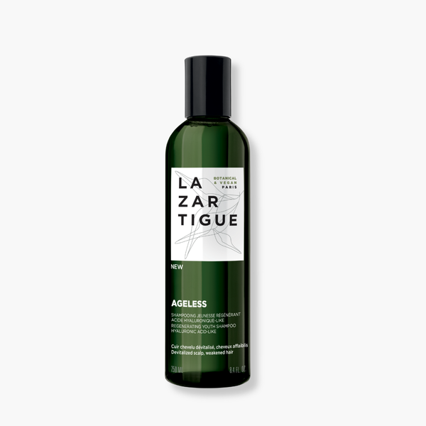 Lazartigue – Champú Ageless (Champú Rejuvenecedor Regenerador), botella de champú verde oscuro con etiqueta blanca y negra