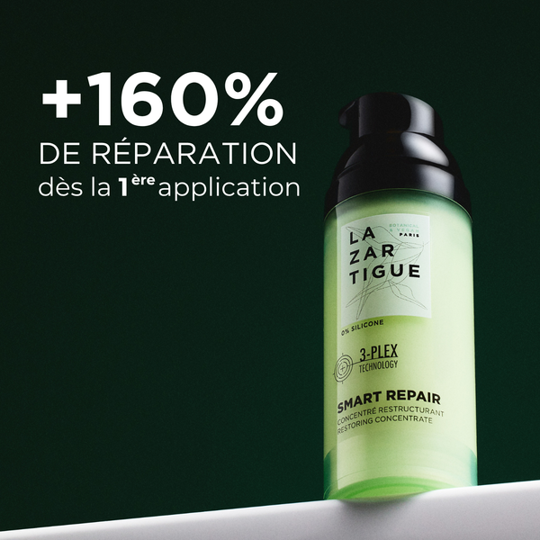 Lazartigue – Smart Repair (restrukturierendes Konzentrat), grün-schwarze Haarpflegeflasche vor dunkelgrünem Hintergrund