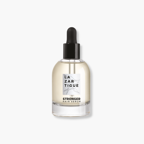 Lazartigue – Stronger Hair Serum (stärkendes Anti-Haarausfall-Serum), transparente Haarserum-Flasche mit schwarzer Pipette, Frontansicht