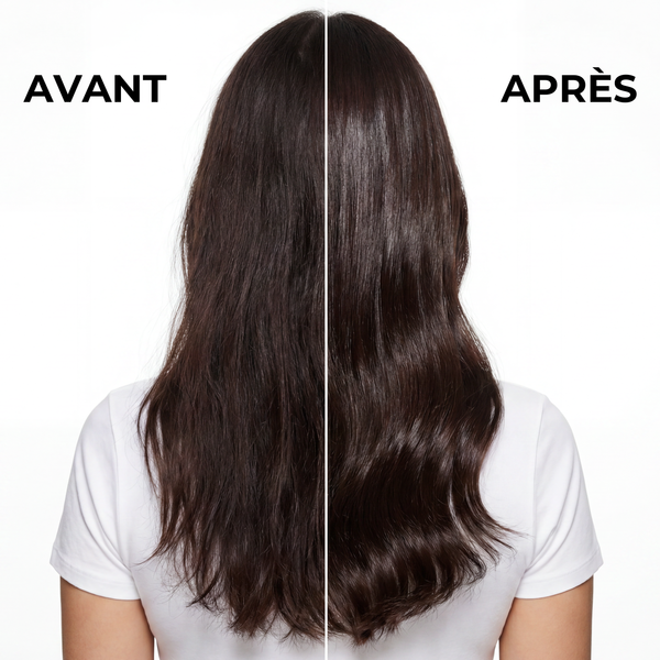 Lazartigue – Huile Des Rêves (nährendes Trockenöl für die Haare), Haare einer Frau vor und nach einer Behandlung, Rückansicht