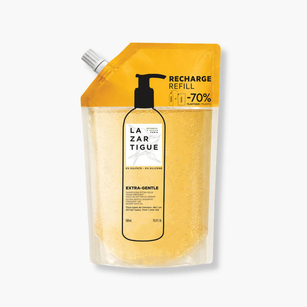 Lazartigue – Extra-Gentle Shampoo-Nachfüllpack (extra mildes Shampoo für häufige Haarwäsche), Nachfüllbeutel für extra mildes Shampoo, gelbe Farbe, Frontansicht