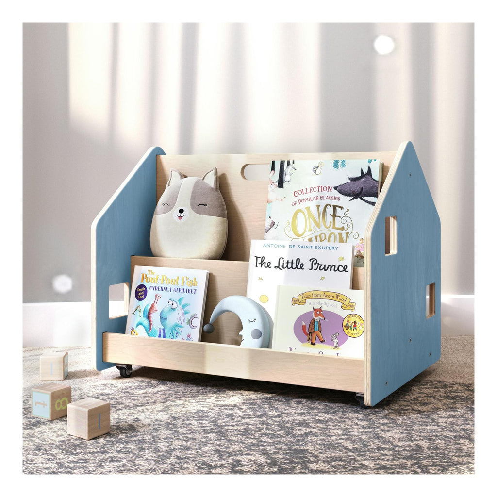 Bibliothèque Enfant Double-Face Sur Roulettes – Bleu Clair