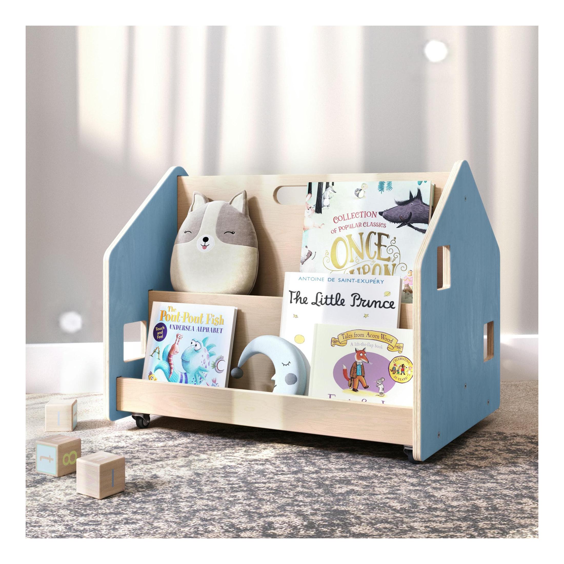 Bibliothèque Enfant Double-Face Sur Roulettes – Bleu Clair