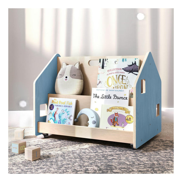 Bibliothèque Enfant Double-Face Sur Roulettes – Bleu Clair