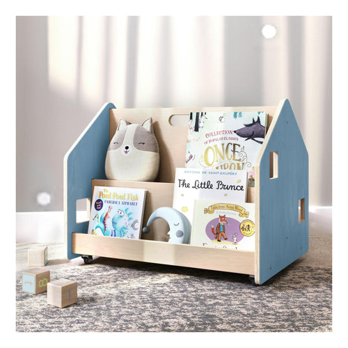 Bibliothèque Enfant Double-Face Sur Roulettes – Bleu Clair