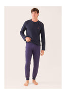 Ensemble Pyjama Haut Bleu Marine Et Pantalon Fantaisie En Coton - Pyjama Sebastien Haut Manches Longues Uni Marine Et Bas Long Fantaisie