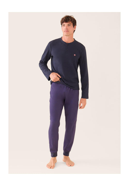 Ensemble Pyjama Haut Bleu Marine Et Pantalon Fantaisie En Coton - Pyjama Sebastien Haut Manches Longues Uni Marine Et Bas Long Fantaisie