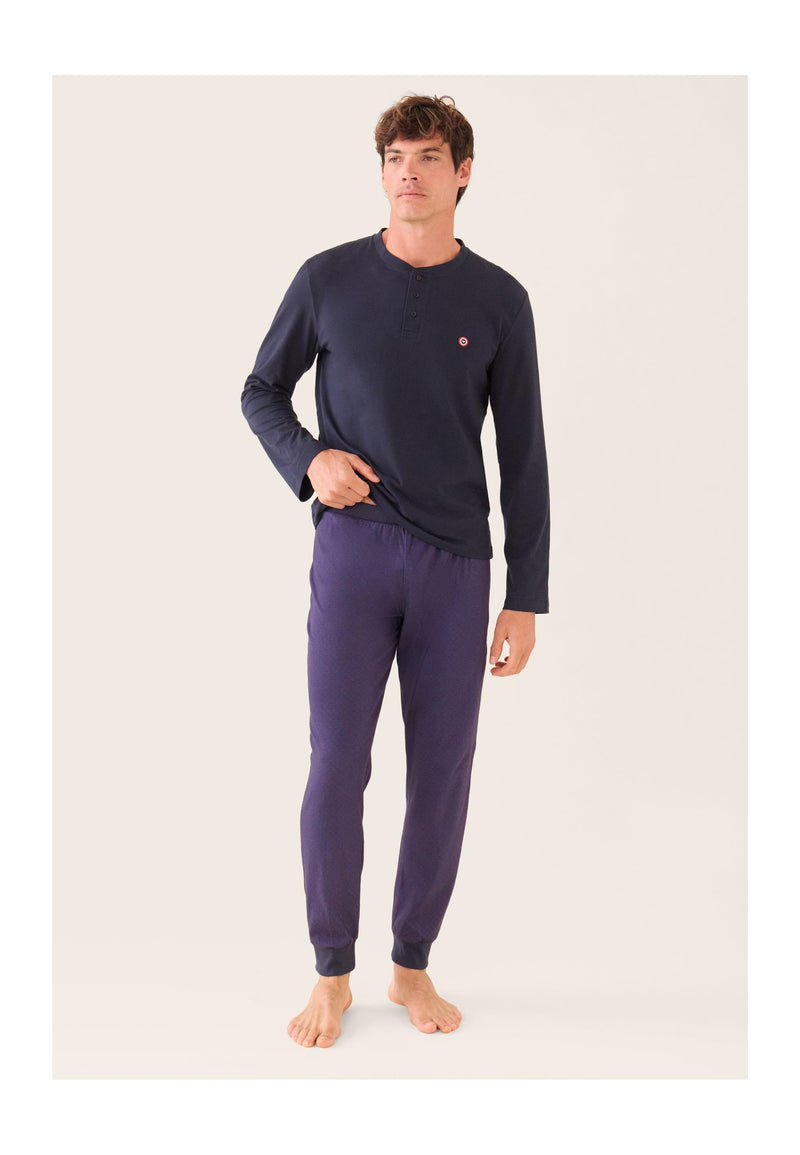 Ensemble Pyjama Haut Bleu Marine Et Pantalon Fantaisie En Coton - Pyjama Sebastien Haut Manches Longues Uni Marine Et Bas Long Fantaisie
