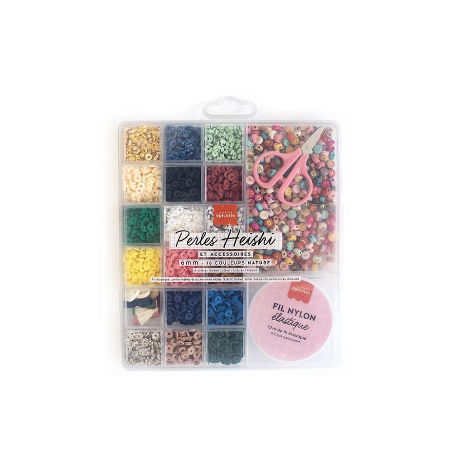 Maxi Box - 16 Colors of Natural Heishi Beads and Accessories + Letter Beads, Scissors and Elastic Thread