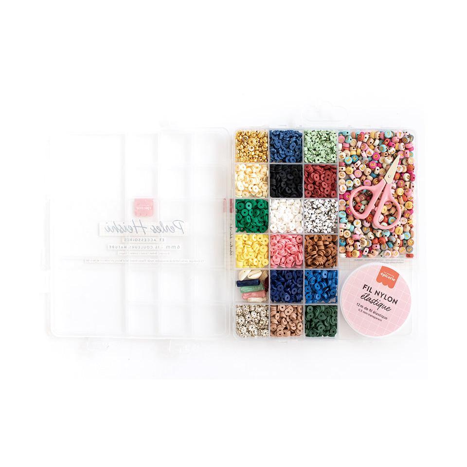 Maxi Box - 16 Colors of Natural Heishi Beads and Accessories + Letter Beads, Scissors and Elastic Thread