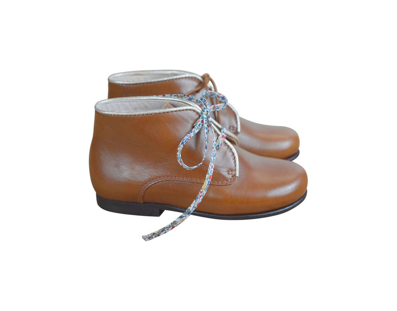 Arthurius Girls' Lace-Up Ankle Boots - Soft Camel Leather with Gold Trim - Girls