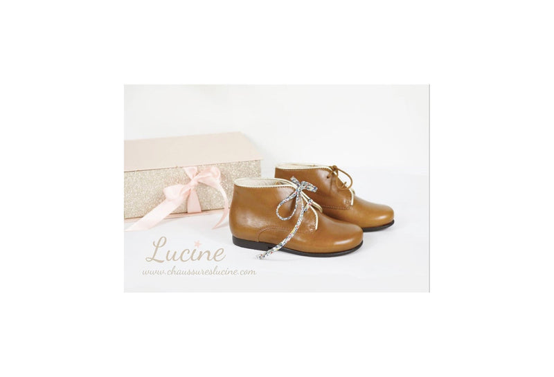 Arthurius Girls' Lace-Up Ankle Boots - Soft Camel Leather with Gold Trim - Girls