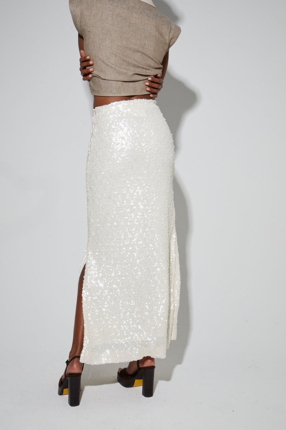 Longue Jupe Ginger A   Sequin Blanc, Fabriquée En Italie