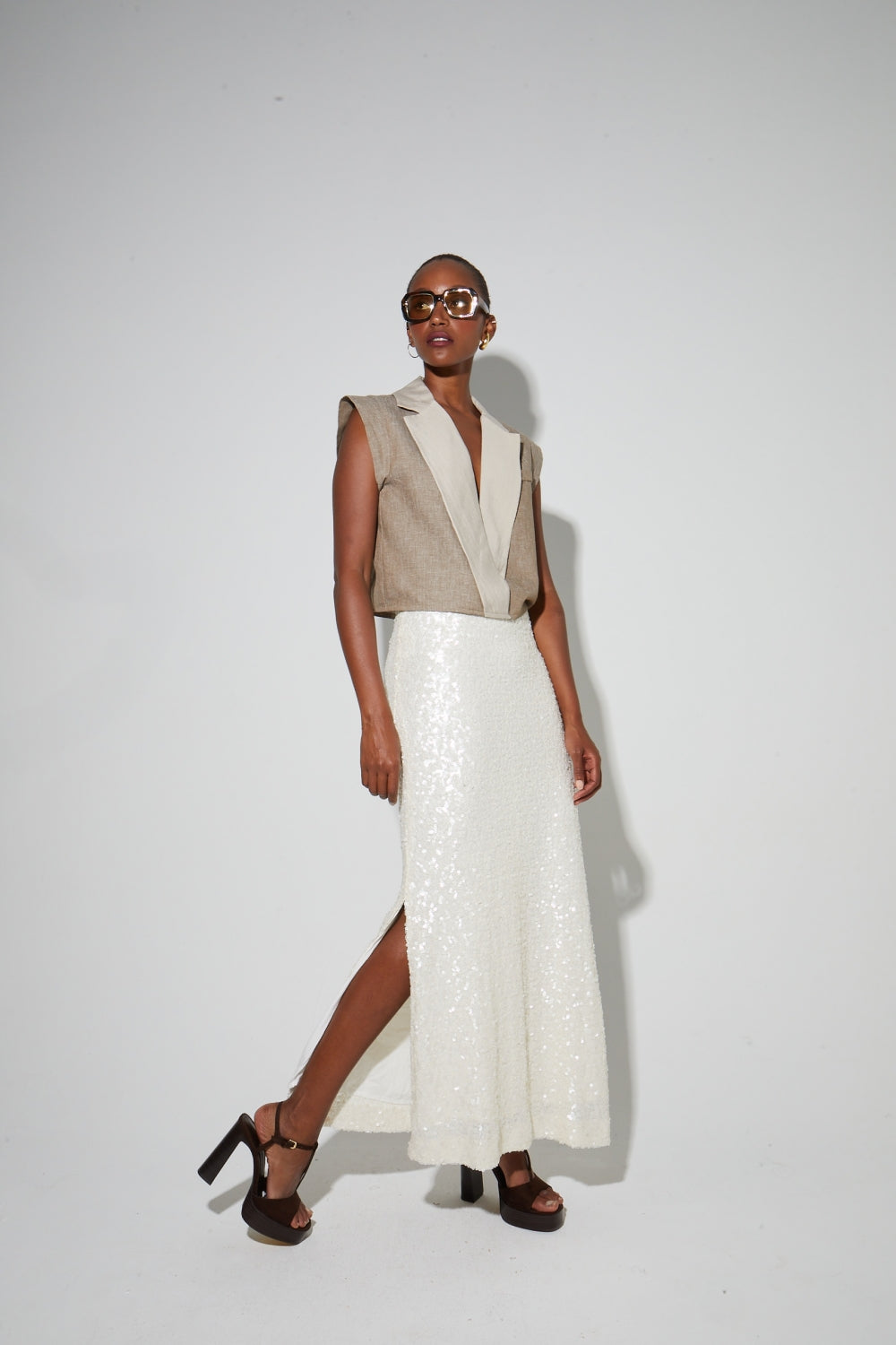 Longue Jupe Ginger A   Sequin Blanc, Fabriquée En Italie