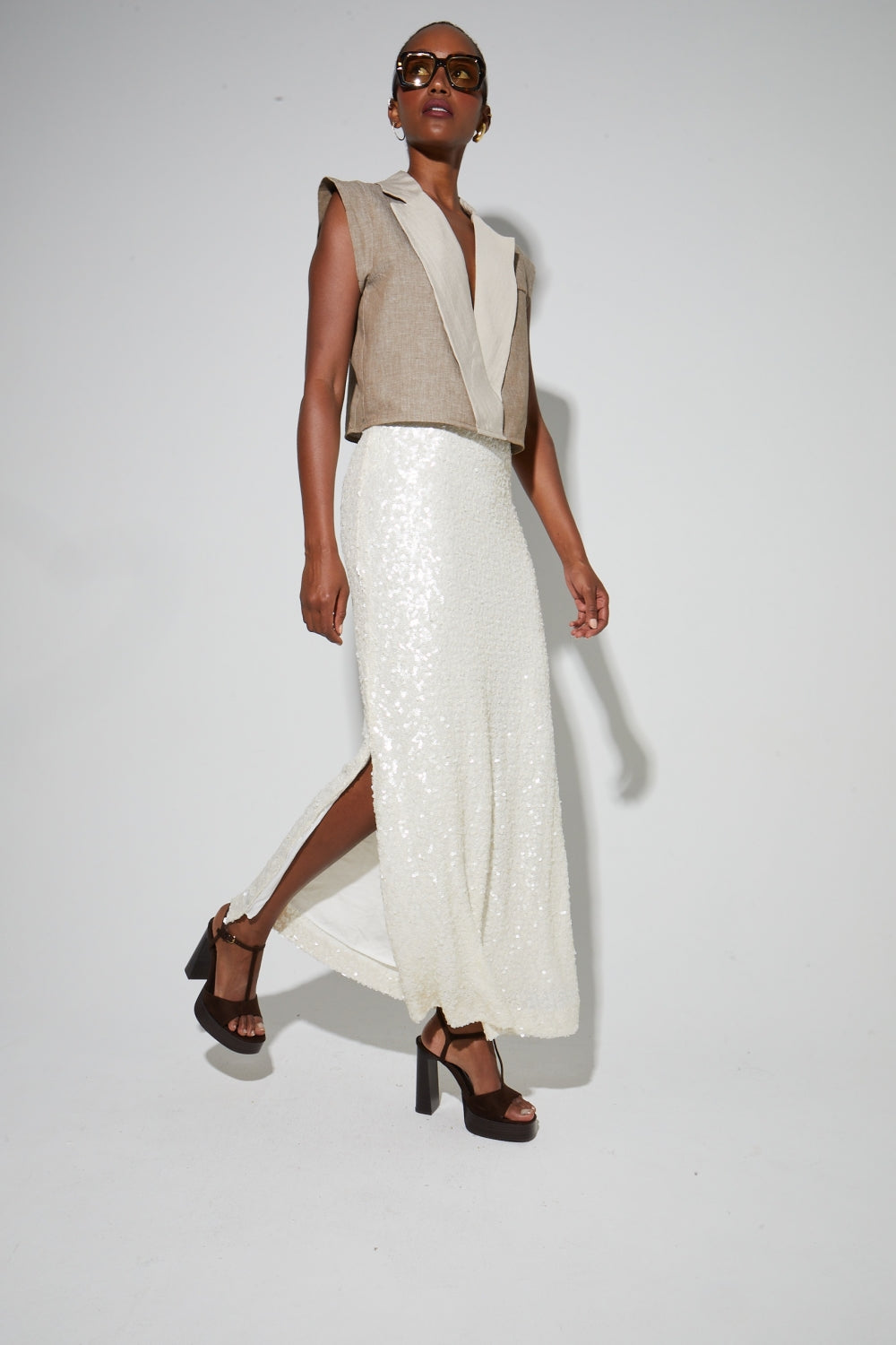 Longue Jupe Ginger A   Sequin Blanc, Fabriquée En Italie