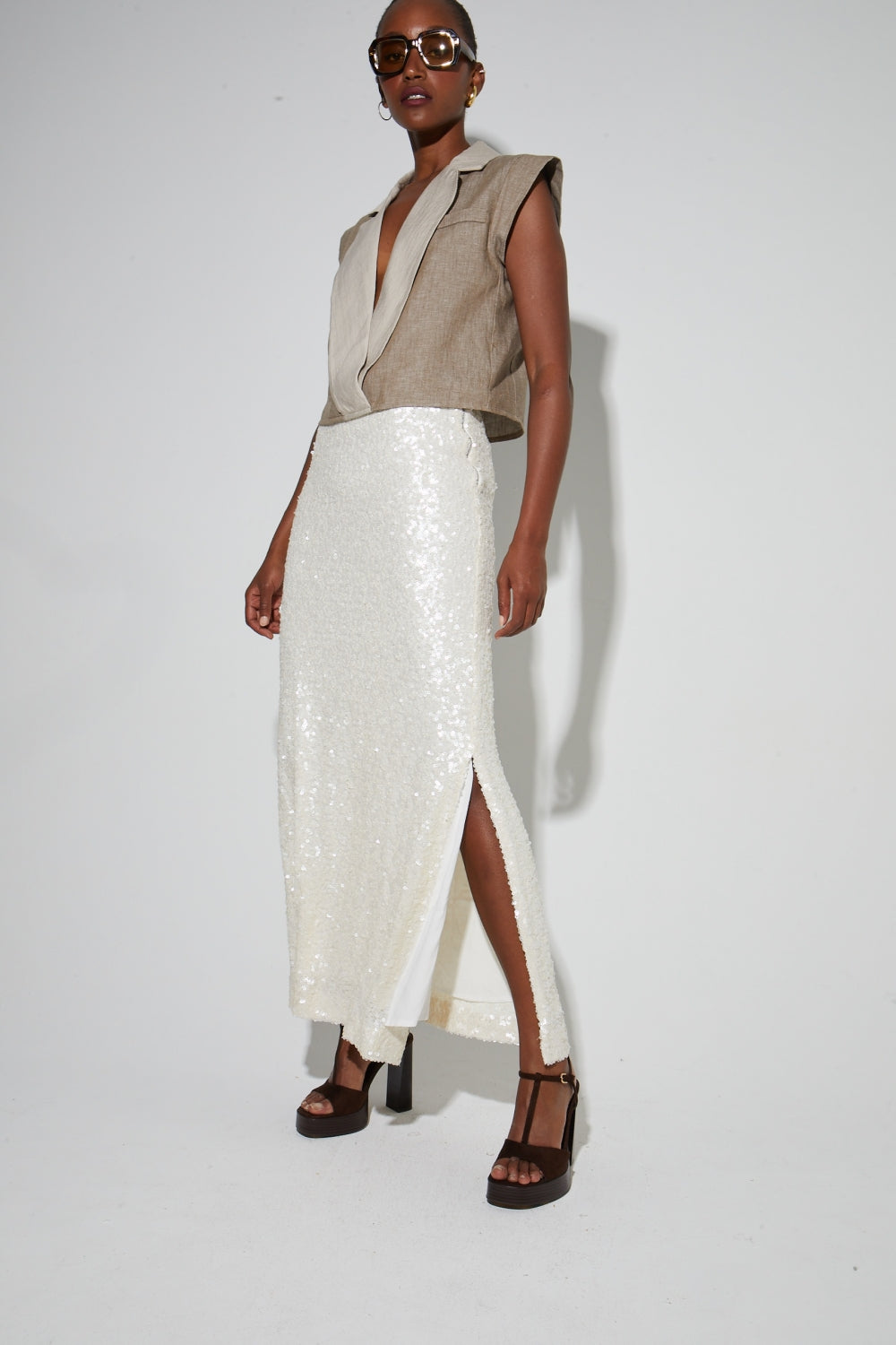 Longue Jupe Ginger A   Sequin Blanc, Fabriquée En Italie