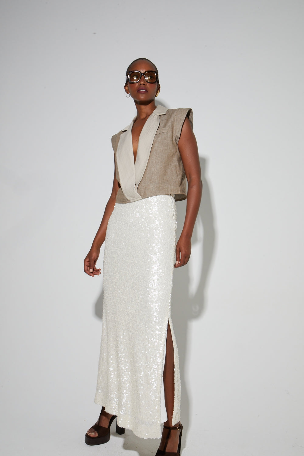 Longue Jupe Ginger A   Sequin Blanc, Fabriquée En Italie
