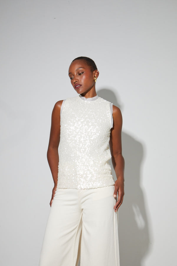 Foxy Top In White Sequins, Made In Italy