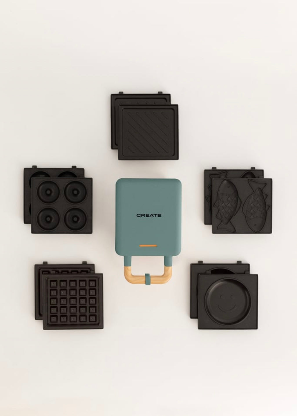 Pack Stone Studio Individual - Appareil À Croque-Monsieur, Gril & Gaufrier + Plaque Taiyaki + Plaque Pancake + Plaque Donuts - Sauge