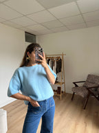 Short Sleeve Wool Knit Brown Sky Blue