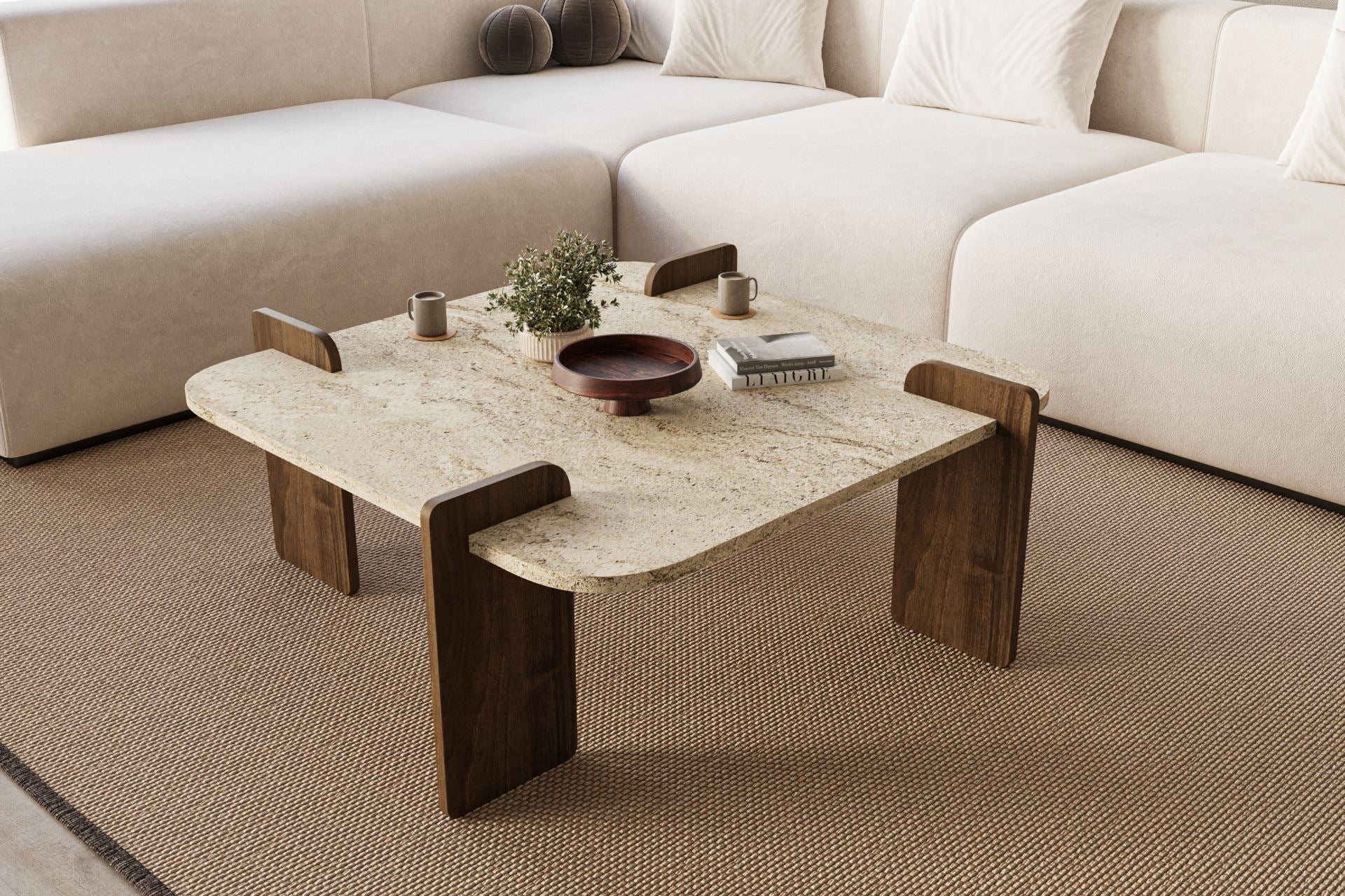 Afrolli - Table Basse - Travertine/Walnut