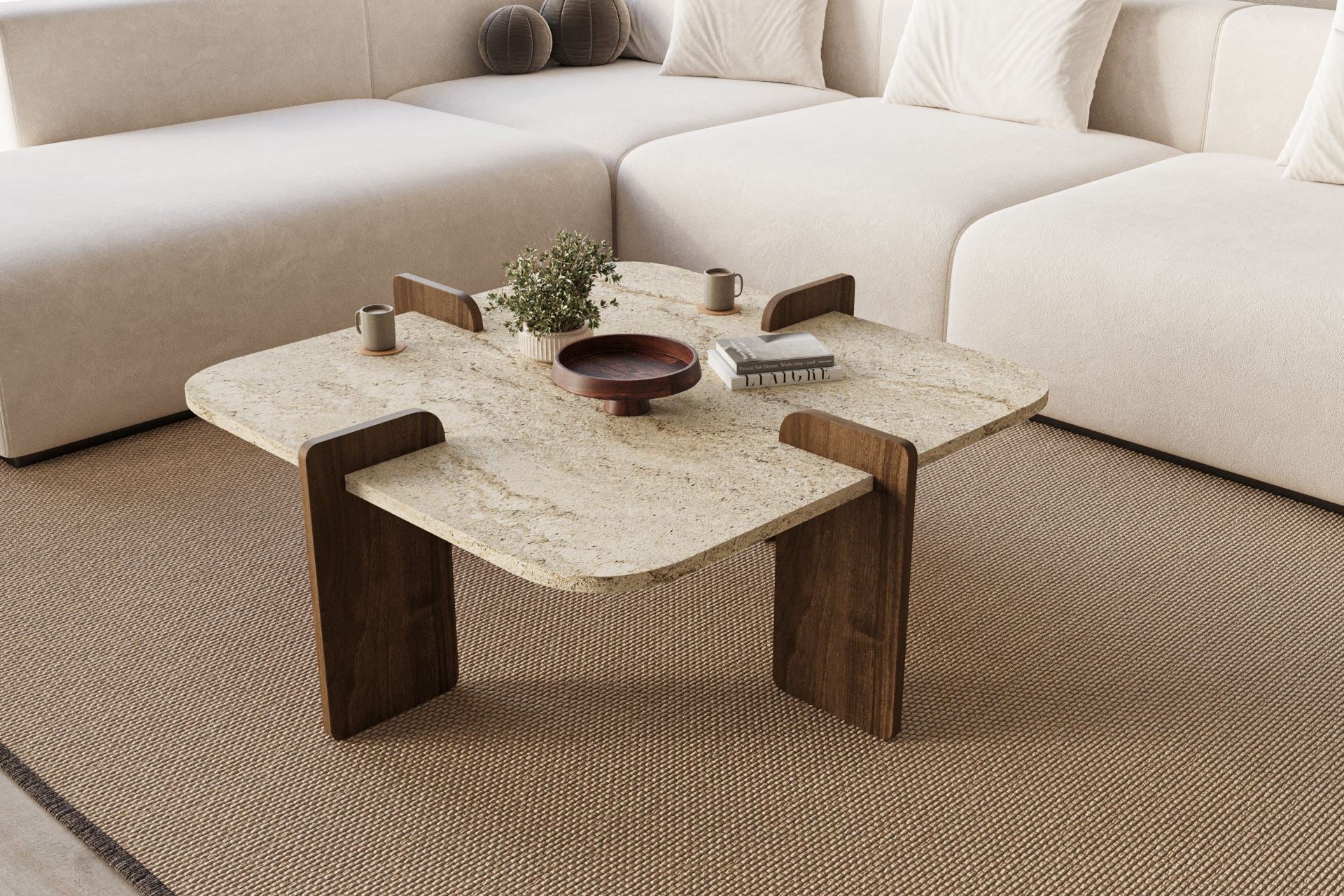 Poalla - Coffee Table - Travertine/Walnut