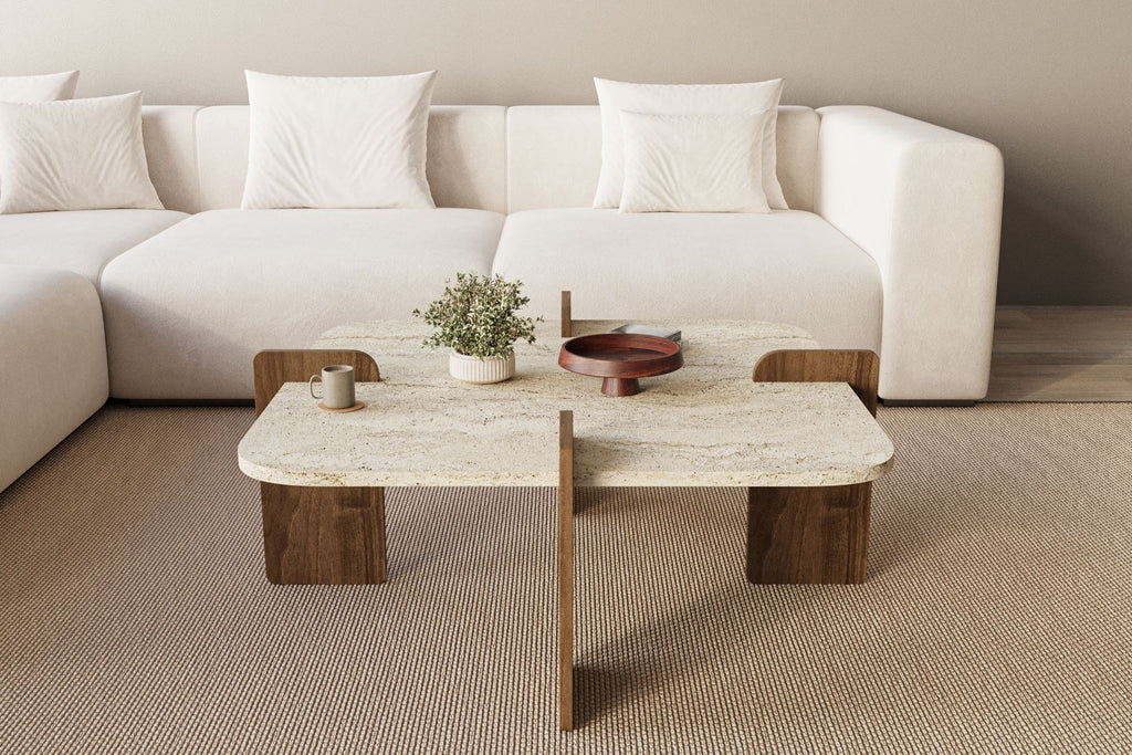 Poalla - Coffee Table - Travertine/Walnut