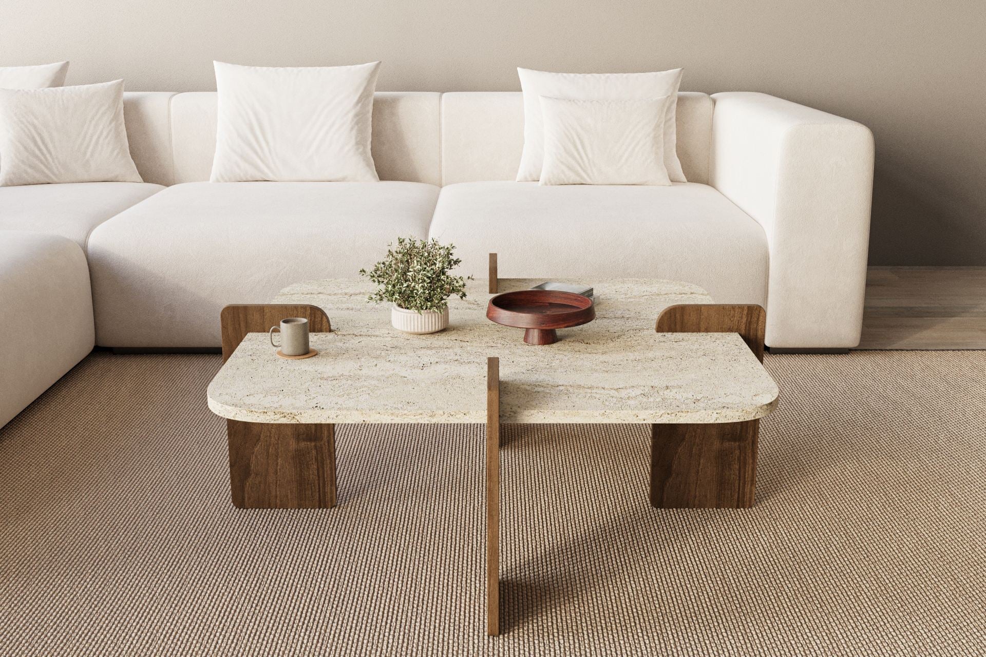 Poalla - Coffee Table - Travertine/Walnut