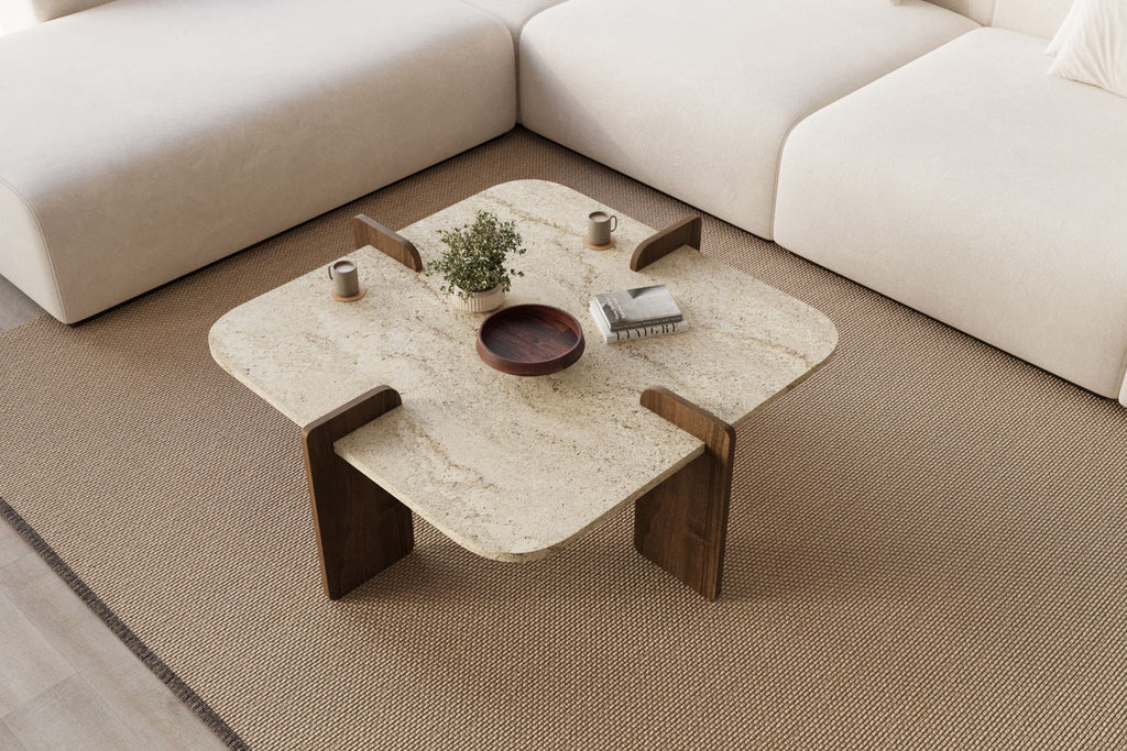 Poalla - Coffee Table - Travertine/Walnut