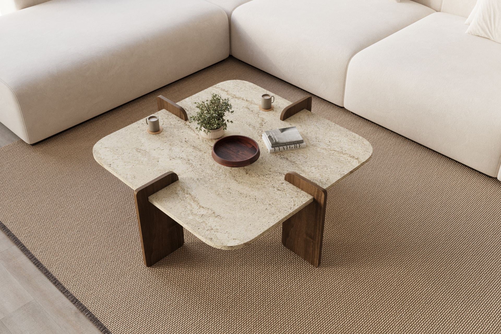 Poalla - Coffee Table - Travertine/Walnut