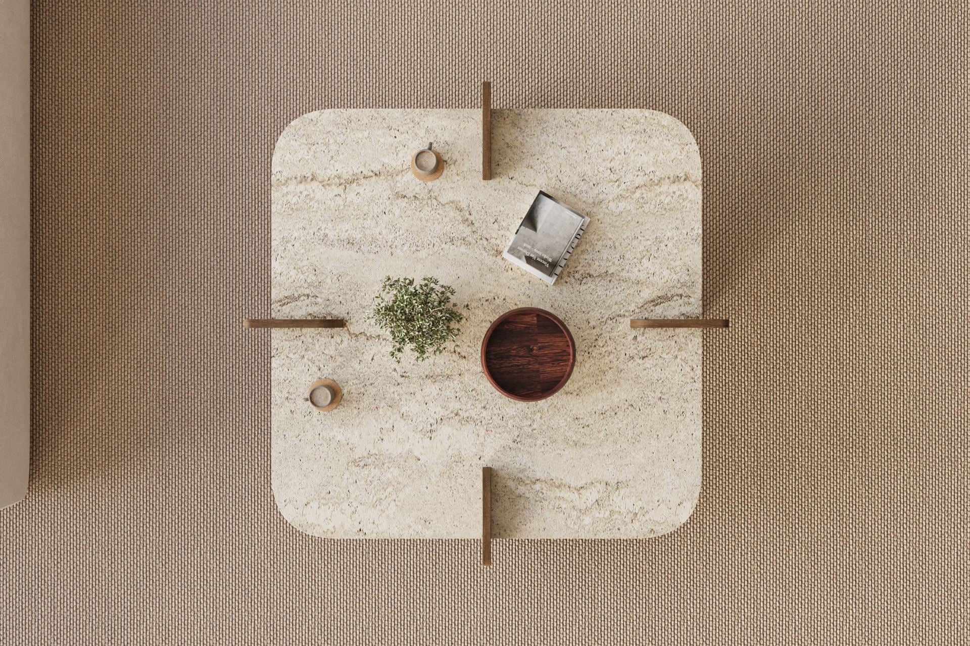 Poalla - Coffee Table - Travertine/Walnut