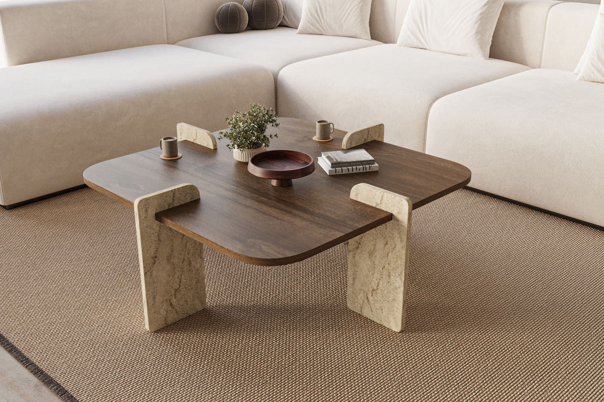 Poalla - Table Basse - Walnut/Travertine