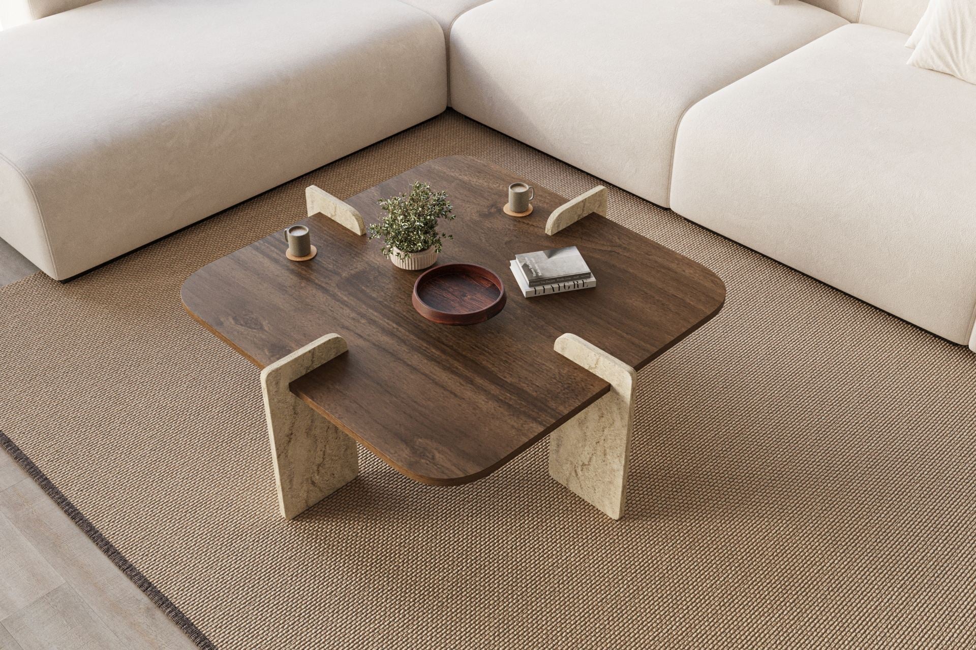 Poalla - Table Basse - Walnut/Travertine
