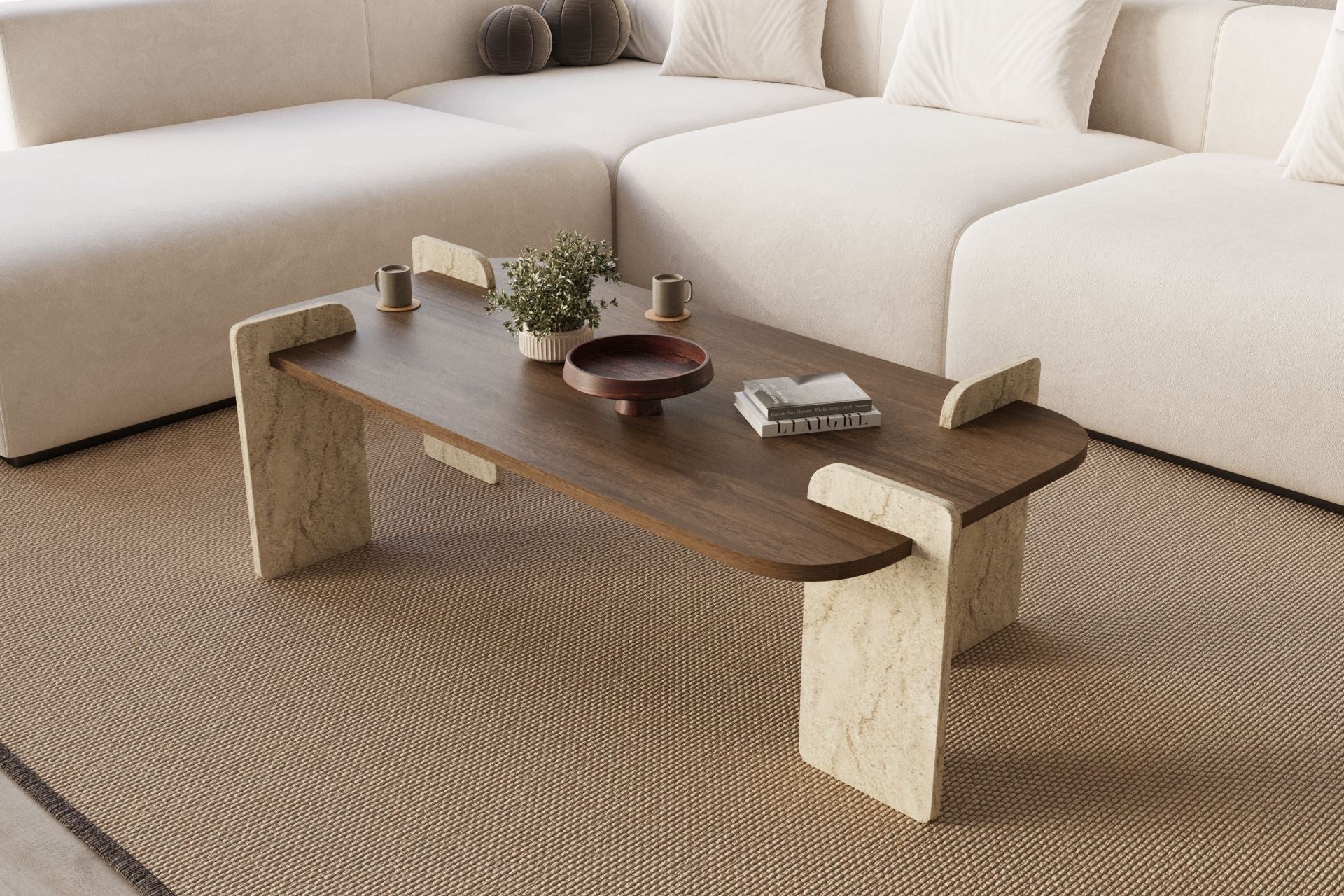 Leapiri - Coffee Table - Walnut/Travertine