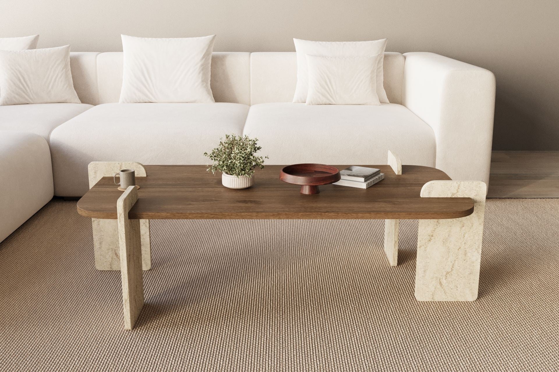 Leapiri - Coffee Table - Walnut/Travertine