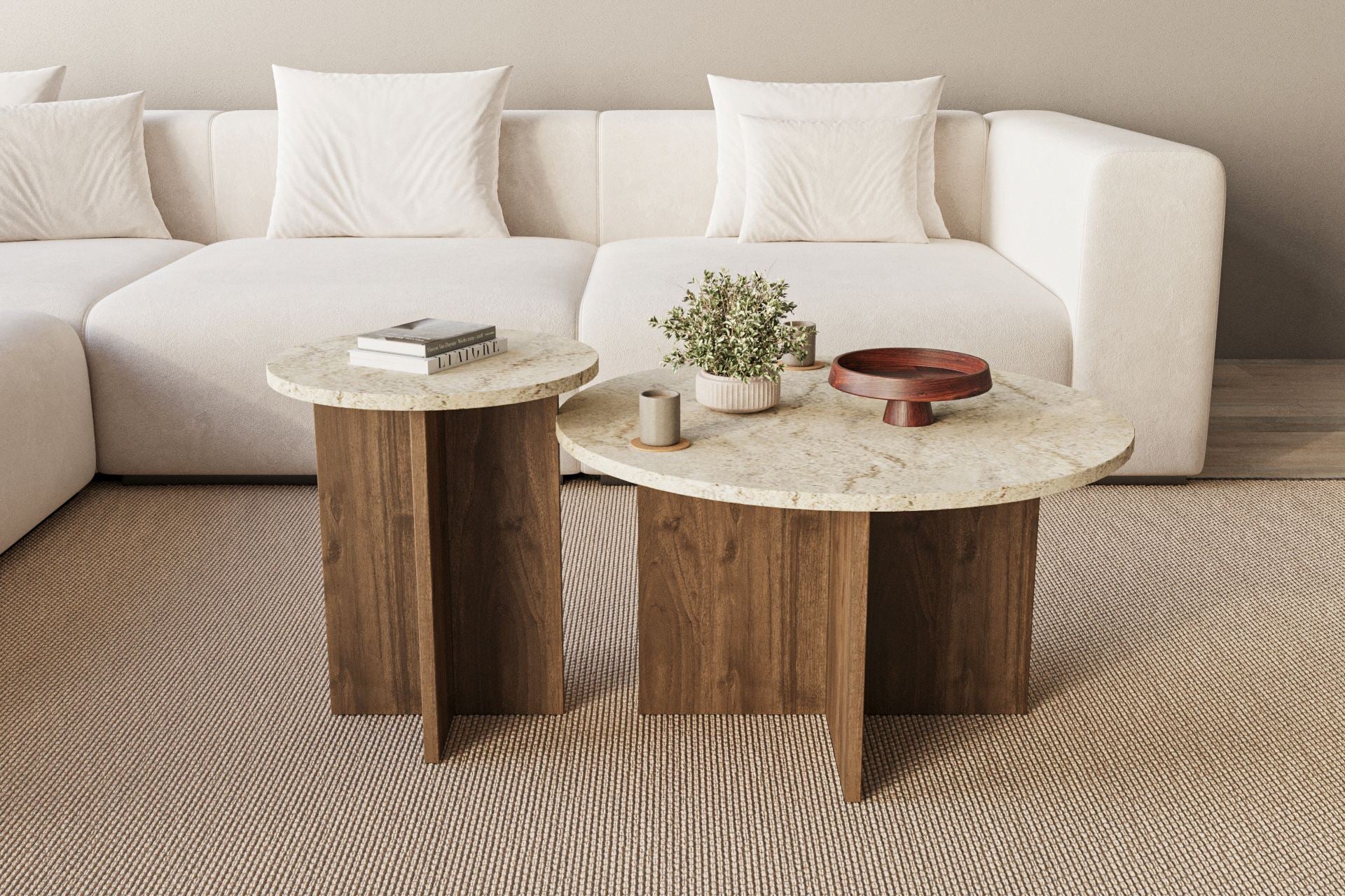 Private - Set de Tables Basses - Travertine/Walnut