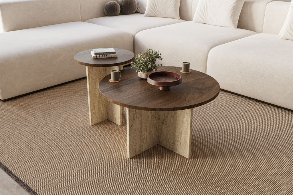 Private - Set of Coffee Tables - Walnut/Travertine