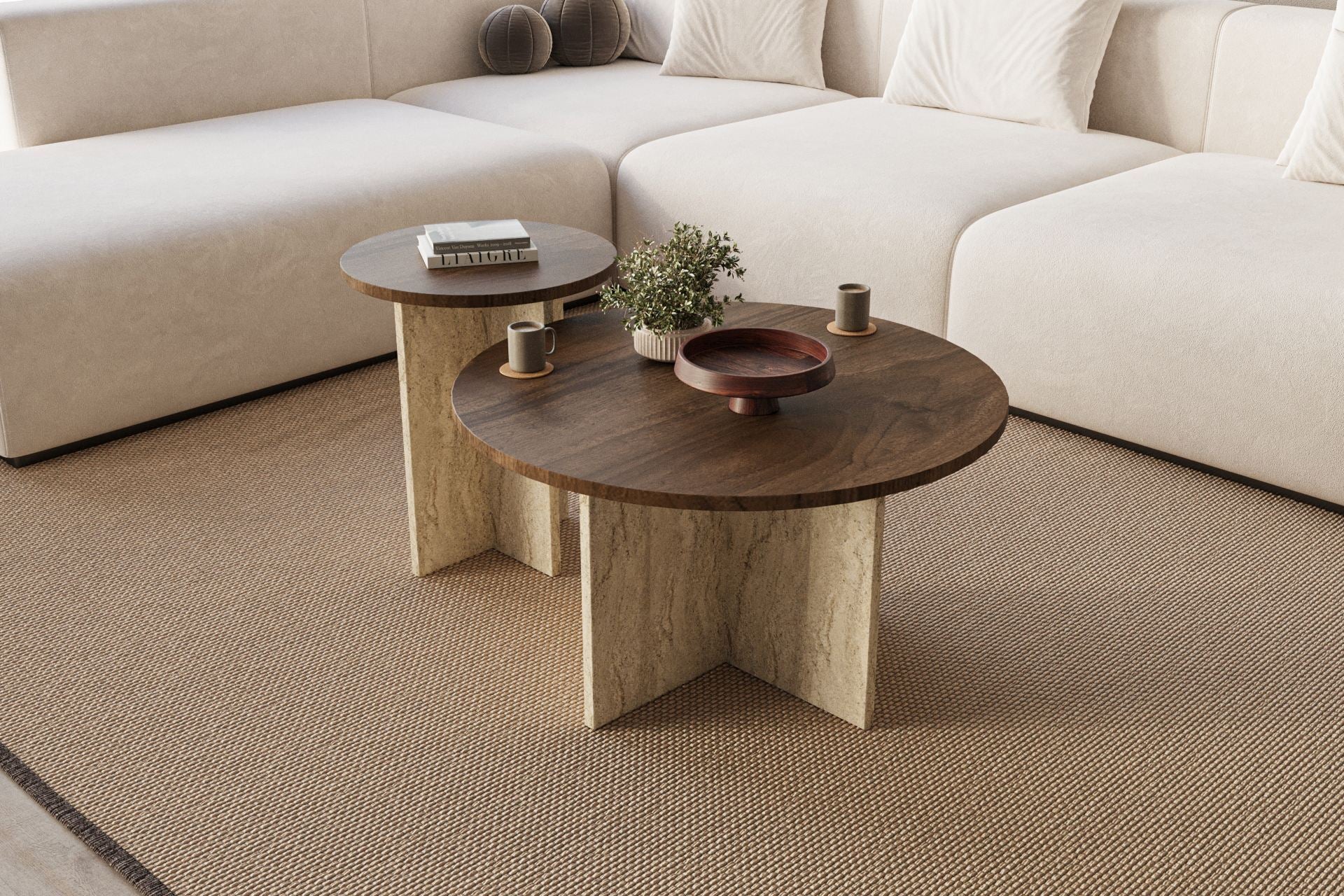 Private - Set of Coffee Tables - Walnut/Travertine