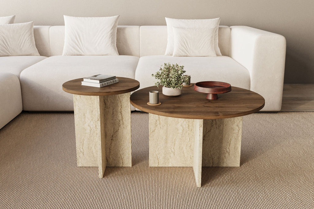 Private - Set of Coffee Tables - Walnut/Travertine