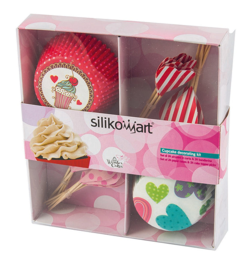 Baking Cups - Set 24 Caissettes En Papier + 24 Toppers Theme Hearts - Couleurs Mixtes